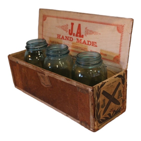 1898 Cigar Wooden Box - J & A Hand Made Cigars, Choicest Havana Tobacco,  Boston, Made Inusa, Mass, Cambridge St. Garden St. Alles and Fisher