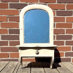 Stunning Antique Mirror - shabby chic, painted white, chipped paint, storage compartment, knob, vintage, vanity, above sink, retro