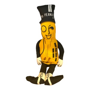 Mr. Peanut Stuffed Toy - vintage advertising, rag doll, plushie, nuts, snacks, top hat, button boots, shell, monocle, retro, old, cool funky