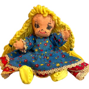 Vintage Dolly - handmade? Doll, calico, blond yellow yarn hair, vinyl yellow shoes, lace, cute, adorable, retro, sweet, little girl