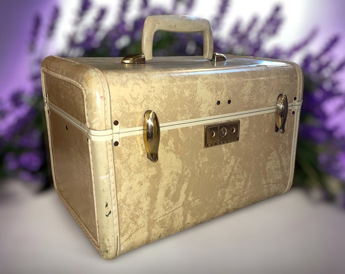 Vintage Samsonite Train Case Luggage, Makeup Case, Marble Look Cream