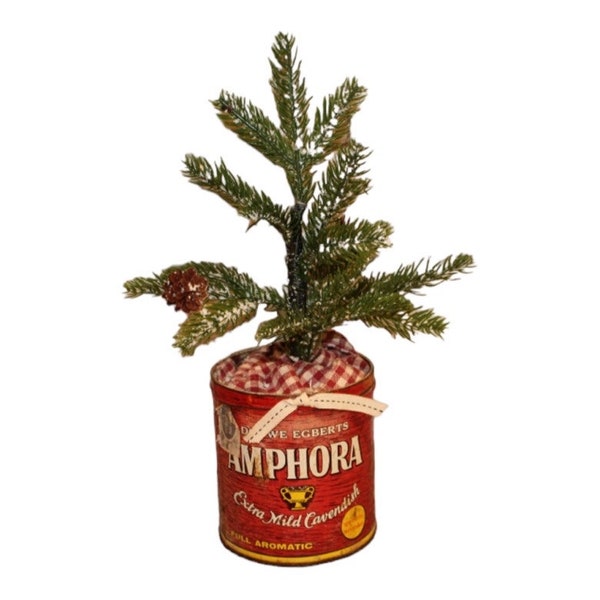 Vintage Amphoria Tobacco Tin Can Christmas Tree -Douwe Egberts, extra mild cavendish, full aromatic, Utrecht Holland, gentle smoke, pipe