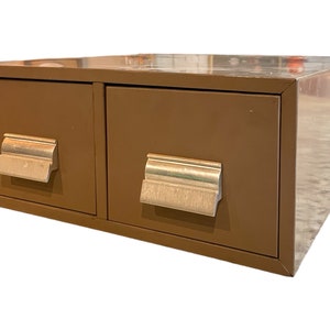 Tan Two Drawer Card Cabinet  - industrial design, metal drawer, storage, retro, organize, Midcentury, fabulous pulls handles