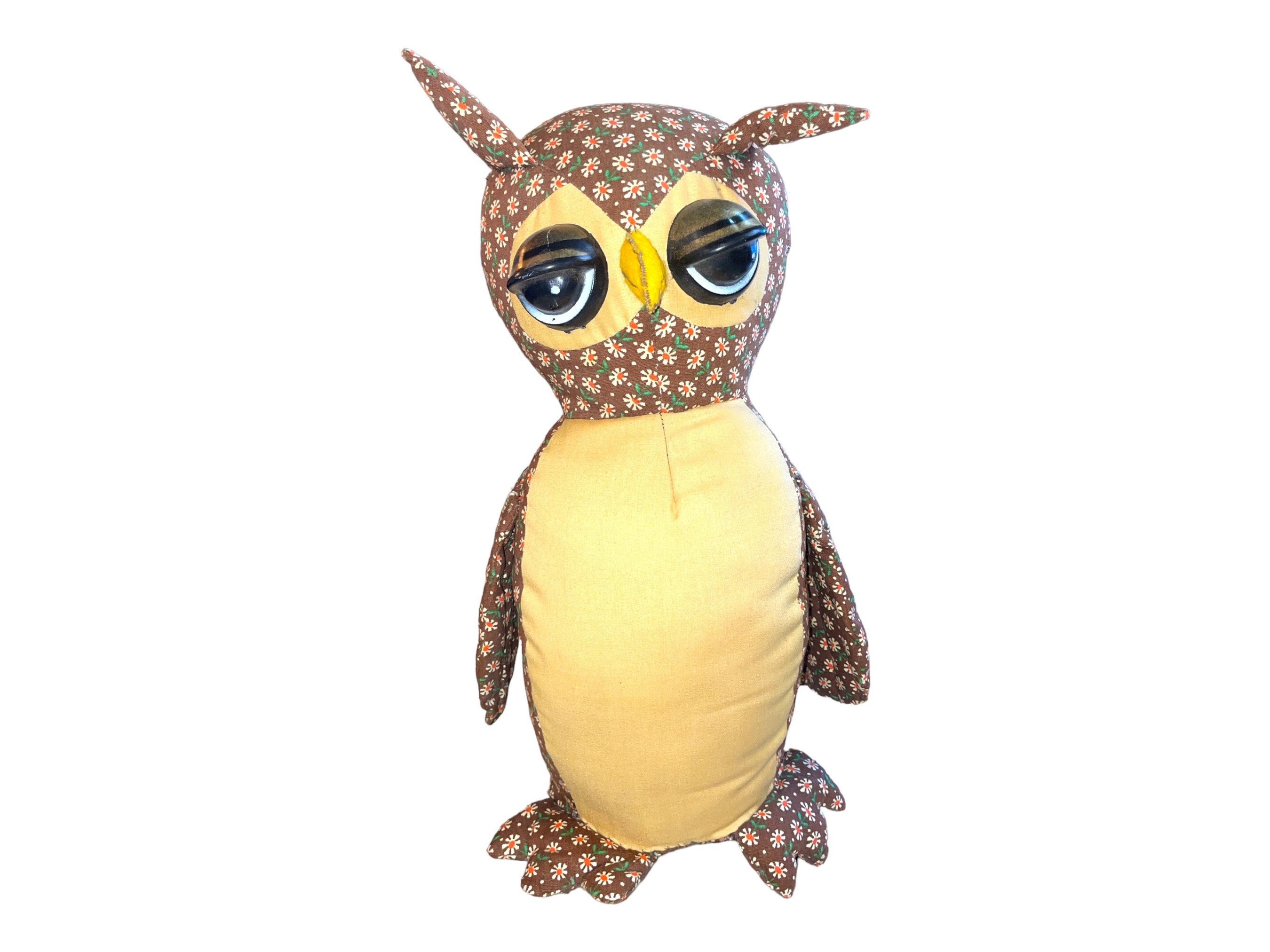 Vintage Calico Owl - handcrafted, 70-80s, daisies, brown, harvest gold, big eyes, wise old owl, retr