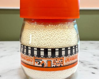 1980s Carlton Glass Candy Store Candy Jar - Orange and black store front, awning, vintage jar, made in USA , sold at Kmart