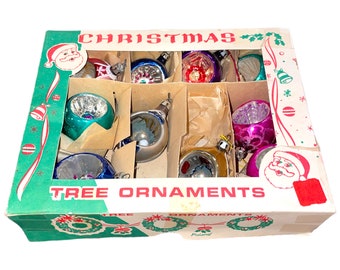 Vintage Christmas Tree Ornaments Box - has several in tact ornaments and a few broken ones - made in Poland, wreath, Santa, bell, holly tree