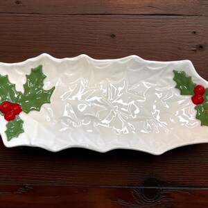 1970s Vintage Celery White Holly Serving Tray Plate by Lefton Embossed Holly, Green Holly, Red Berries for the Holidays Christmas Season