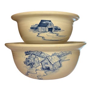 Pair Beautiful Farmhouse Pottery Bowls - Marshall, Texas, Vintage Paul P. R. Storie (?)  Marshall, TX Pottery Mixing Bowls - barn scenes