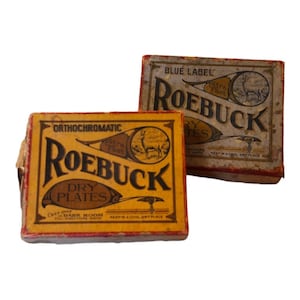 Set-Roebuck Vintage Antique Glass Photography Plates - blue label, extra fast, dark room, buck, deer, emulsion, 4 x 5, camera, film, retro