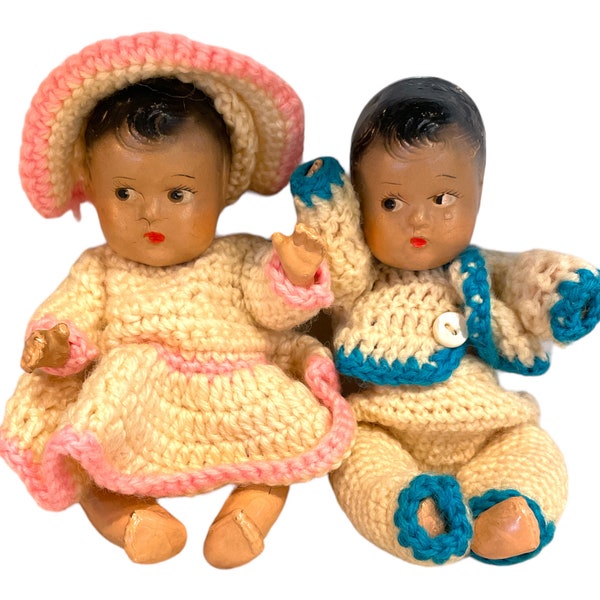 Composition Baby Boy and Girl Dolls - crocheted outfits, bonnet, suit, dress, pantaloons, heads and arms need to be reattached, pink, blue