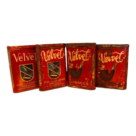 velvet tobacco company Lot of Four Vintage Velvet Tobacco Pocket Tin Cans - Liggett & Myers Co.  Pipe and Cigarette Illinois, U.S.A. Americana Advertising Graphics