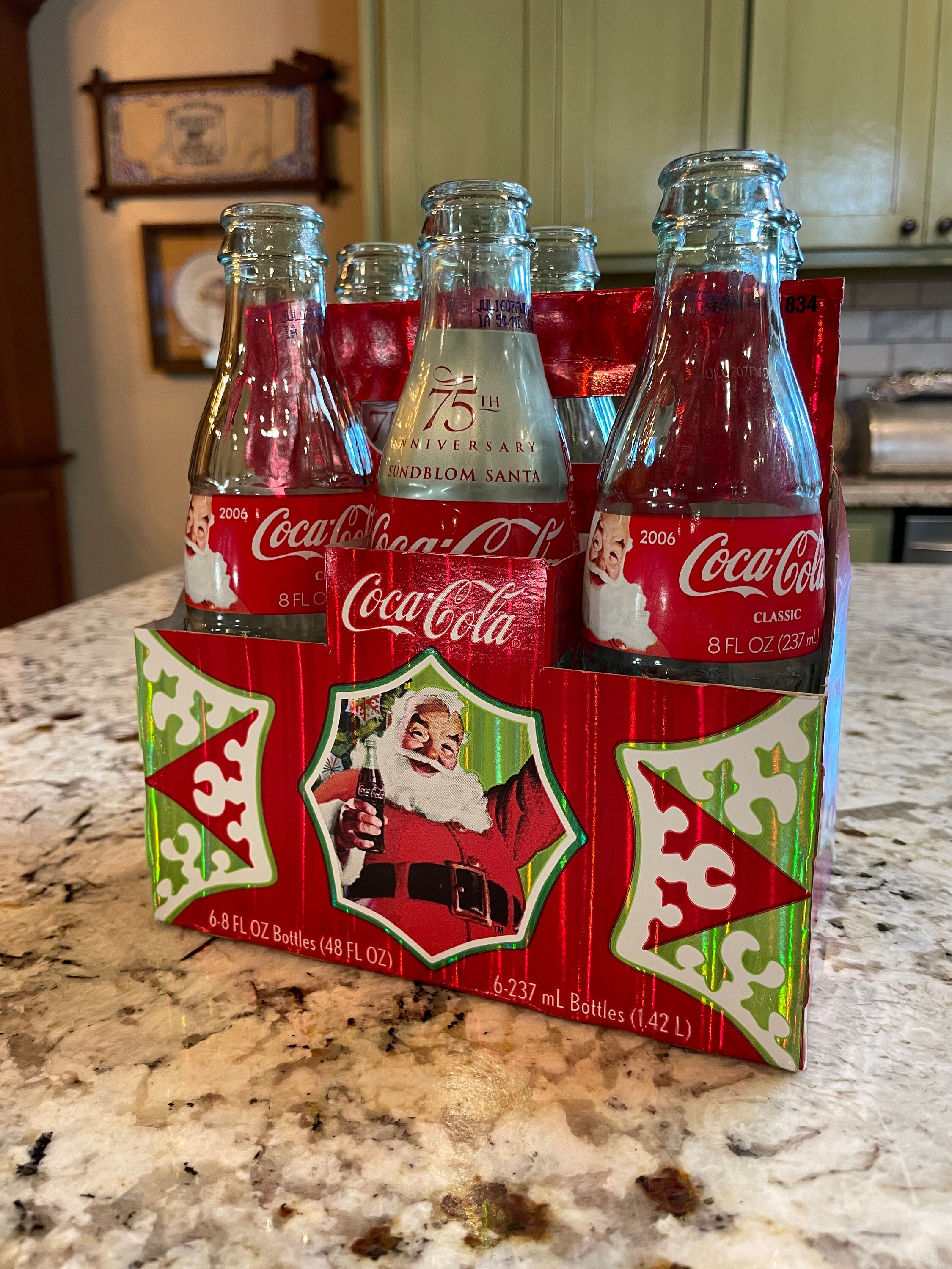 75th Anniversary Coca-cola Cole Santa 6 Bottles and Holder