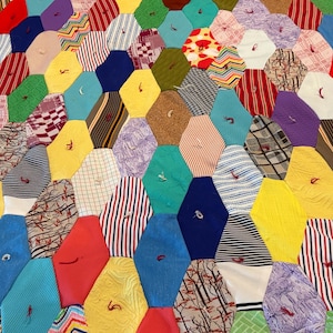 Vintage 1970s Polyester Double Knit Patchwork Quilt – Tied Comforter – Retro Crazy Quilt – Bright Colorful Throw Blanket - Cathedral Window