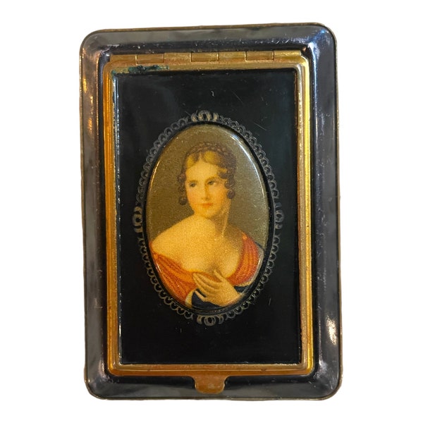 Mondaine 1930s Portrait of a Lady Compact- antique makeup, powder mirror, black, gold, lovely, vintage, retro, gorgeous woman, small, old