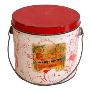 Gold Flake Peanut Butter Tin Can Pail - creamy smooth, 5 pounds, vintage, antique, advertising, children, cowboy, baseball, doll, dog, child