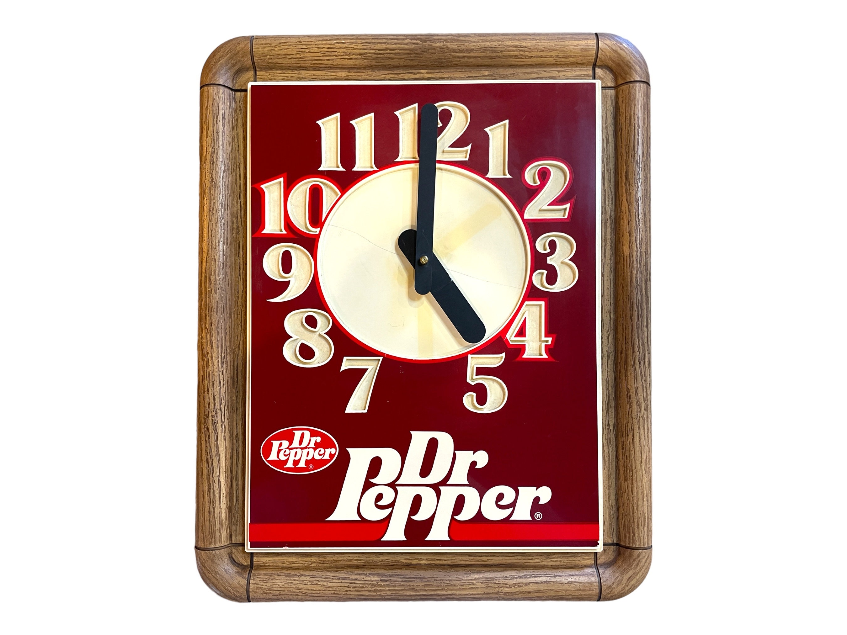 1984 Dr Pepper Electric Clock - Works, Plastic, Woodgrain 1984 Dr Pepper Electric Clock - Works, Plastic, Woodgrain