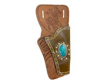 Vintage Toy Cowboy Holster with Turquoise Look Stone Decor - western toy holster, leather or leather-like, cowboy on horse, western pattern