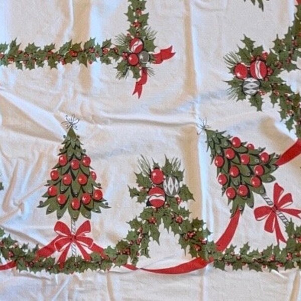 Vintage Christmas Tablecloth - Midcentury, retro, Christmas tree, ornaments, holly, berries, Xmas, muted green and red, olive green, old