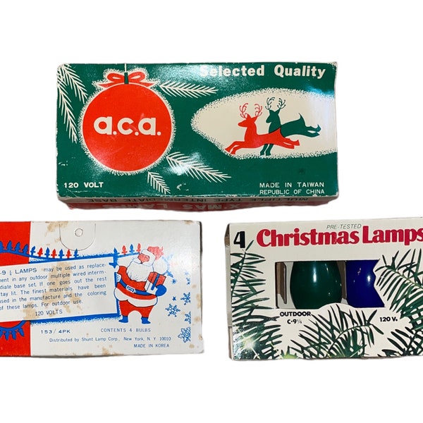 Set - 3Vintage Christmas Lamp Advertising Boxes with Bulbs - vtg Santa Claus, tree, greenery, ornaments, reindeer, A. c. A., Nobility, trim