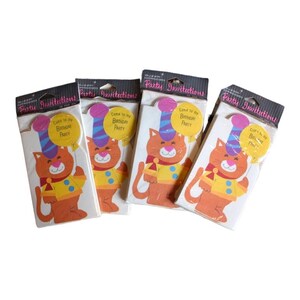 May include: Four vintage birthday party invitations featuring a cartoon cat wearing a party hat and holding a balloon. The invitations are printed on white cardstock with colorful illustrations and the text "Come to my Birthday Party".