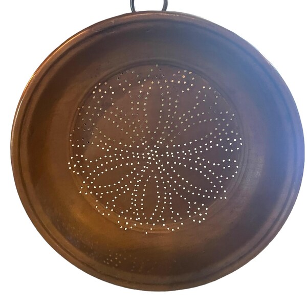 Vintage Heavy Copper Colander Sieve Strainer With Hanging Ring 11” - farmhouse, retro kitchen, country, rustic decor, patterned