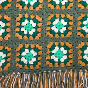Avocado Green Retro Granny Square Crocheted Afghan- Midcentury, retro decor, fun, funky, vintage, throw, blanket, yellow, orangish gold