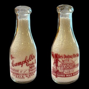 Campbells Dairy War Bonds WWII Clovis New Mexico One Quart Milk Bottle - phone 50, cream buttermilk, cottage cheese, butter, patriotic 1943