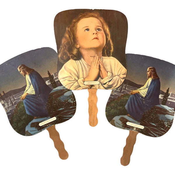 Set of 3 -1940s Advertising Funeral Fans - faith of a child, Christ on Mount of Olives, Chapman Funeral Home, DeKalb Hybrid Seed Corn Chicks