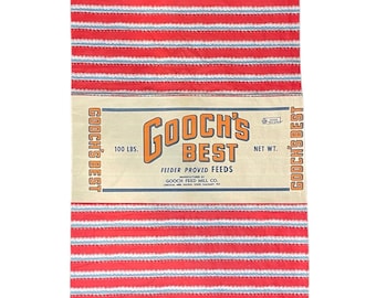 Vintage Gooch’s 100 pound Best Feed Sack with Original Label - red, blue, white, green, zigzag, Dutch boy and girl trim, sew, churn, music