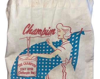 Fabulous Vintage Champion Clothespins Bag - stay open, amazing retro graphics, laundry room decor, apron, housewife, advertising, USA