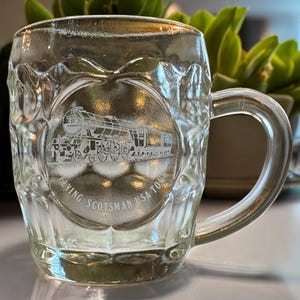 1969-70 Flying Scotsman USA Tour Glass Souvenir Dimpled Beer Coffee Mug - marked made in England, handle, train enthusiast gift, engine