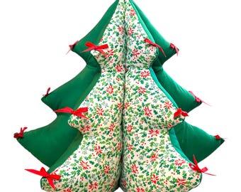 Retro 3-D Puffy 1980s 15” Christmas Tree with Poinsettia Fabric and Red Bows