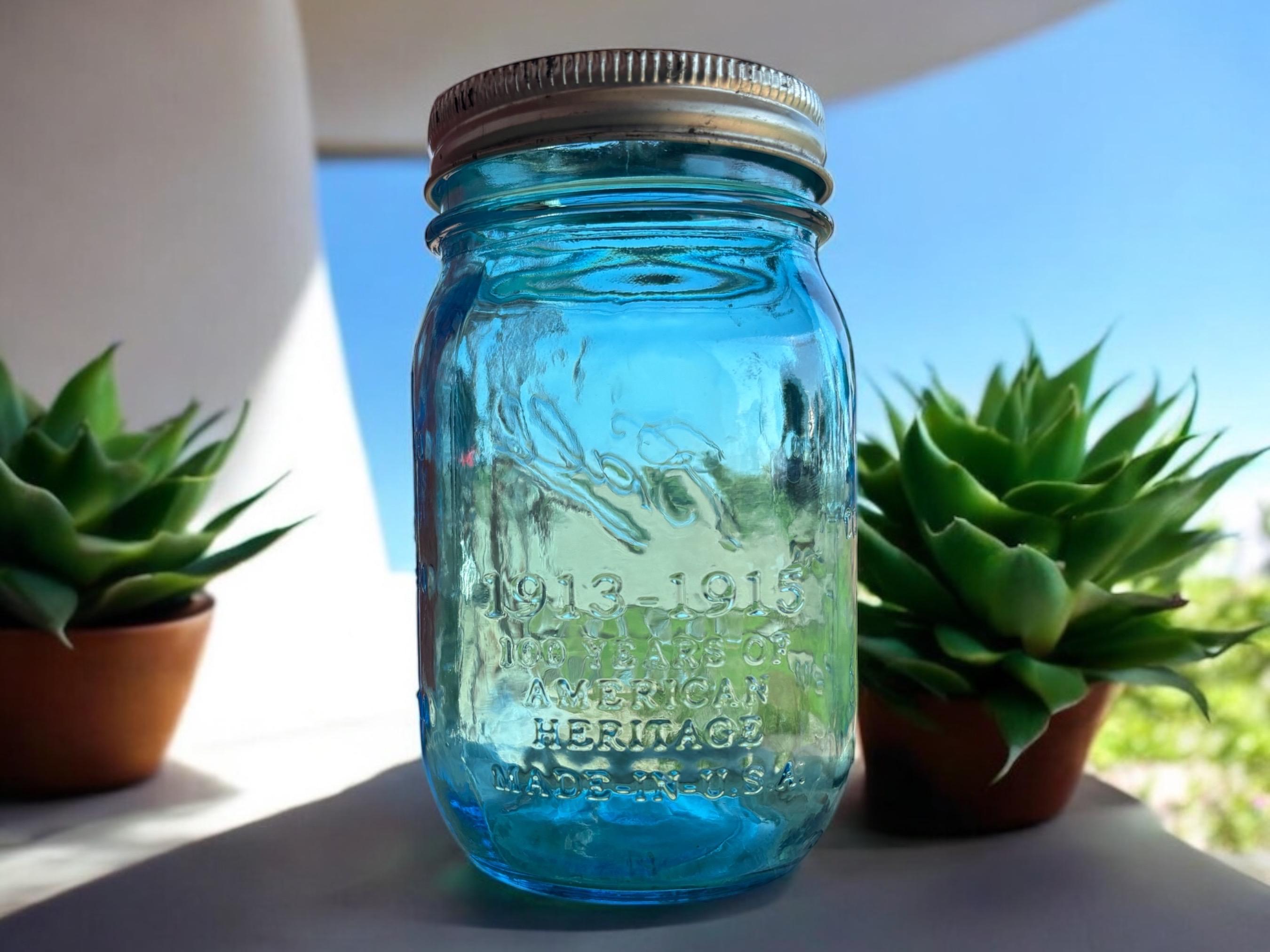 Ball 100th Anniversary Pint Jar with Frog Lid aqua blue perfect mason, measurements on side, cool antique, retro, vintage, USA, 1913-1915