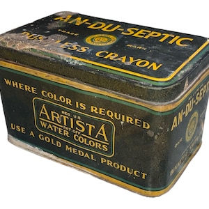 An-du-septic Dustless Crayon Vintage Advetising Tin Can - Crayola Crayons, Binney & Smith Co, New York, one gross, gold medal crayons color