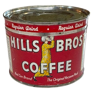 1952 Small 1/2 Lb Hills Bros Coffee Can with Lid  Advertising Coffee Can Hills Bros. Brand   Red Cam Brand, regular grind, San Francisco USA