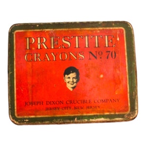 Prestite Crayons Vintage Advertising Tin Can Great Graphics - Joseph Dixon Crucible Company, Jersey City, New Jersey, farmhouse, school, boy