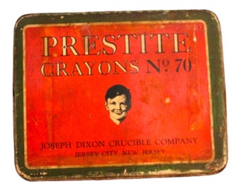 Prestite Crayons Vintage Advertising Tin Can Great Graphics - Joseph Dixon Crucible Company, Jersey City, New Jersey, farmhouse, school, boy