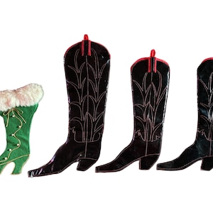 May include: Three black cowboy boot stockings with red trim and a green stocking with white fur trim.