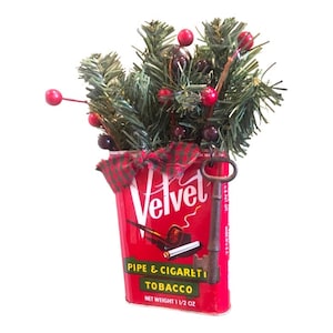 Christmas Ornament/Decor - choice -Velvet pipe and cigarette tobacco tin can with antique key and greenery and berries - Liggett and Myers