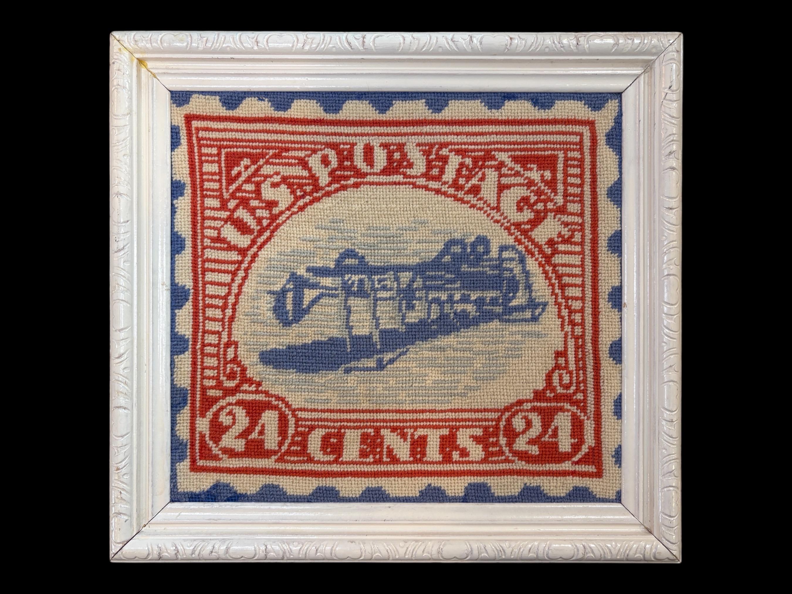 1976 Inverted Jenny Needlepoint Airmail Stamp Framed Needlepoint - handcrafted vintage stamp needlework, 24 cents, stamp collector gift