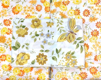 Retro Queen and King Top Sheets & single pillowcase yellow, white, orange, green floral, butterflies, vintage , old, funky, bedding