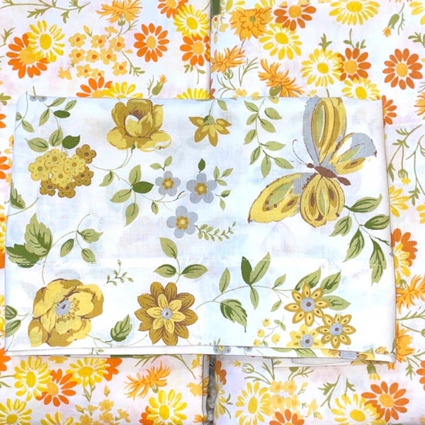 Retro Queen and King Top Sheets & single pillowcase yellow, white, orange, green floral, butterflies, vintage , old, funky, bedding