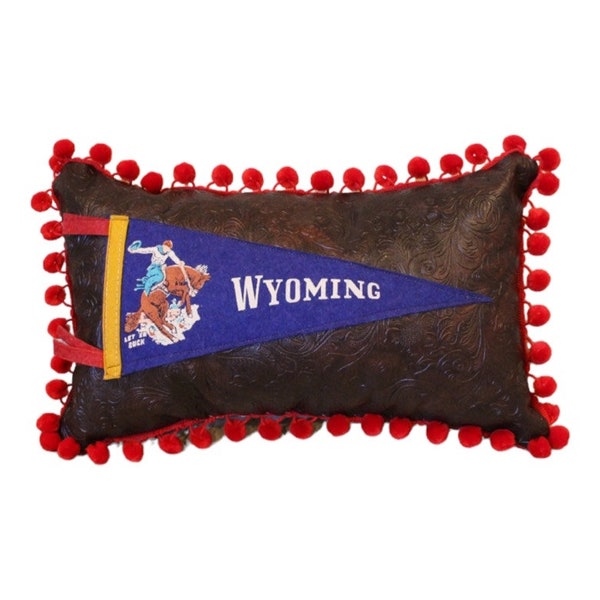 Wyoming Let 'er Buck Vintage Pennant Pillow - blue, faux tooled leather, ticking, red ball pom pom trim, western, cowboy, bucking horse