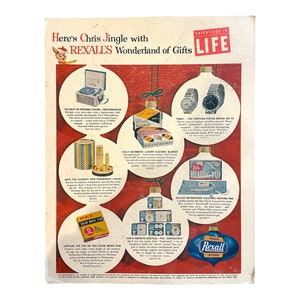 May include: A vintage advertisement for Rexall's Wonderland of Gifts, featuring a red background with Christmas ornaments. The ornaments depict various products, including a record player, a watch, a heating pad, a film roll, and a fragrance set. The text "Here's Chris Jingle with Rexall's Wonderland of Gifts" is at the top of the advertisement.
