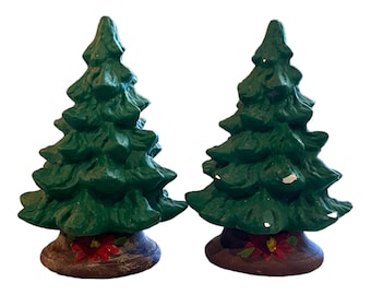 Pair of Vtg. Tiny Ceramic Christmas Trees - no lights, chips, miniature, handcrafted, initialed, poinsettia decoration, retro holiday decor
