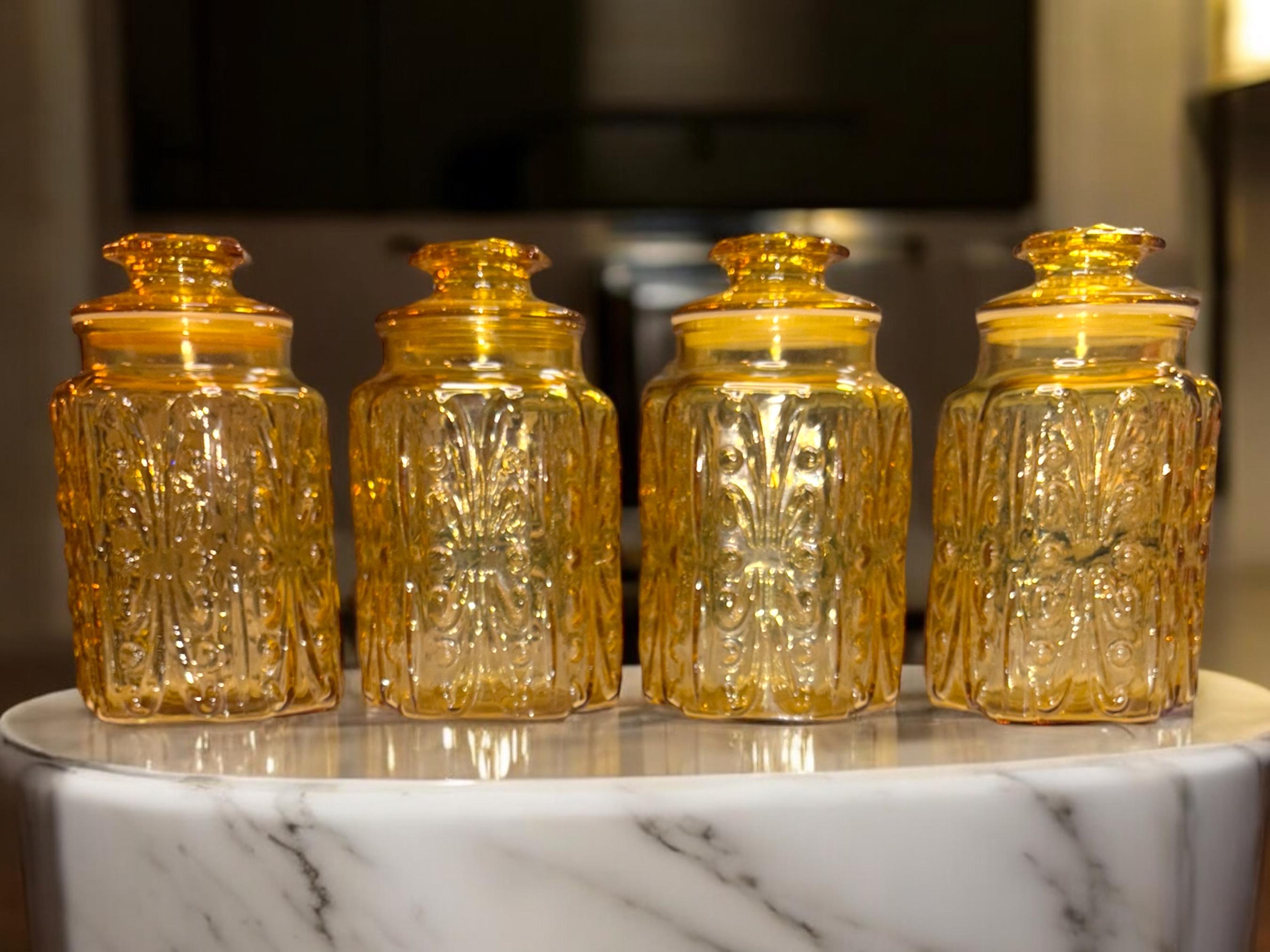 Retro L.E. Smith Atterbury Scroll Peacock Amber Glass 9" Jar Canister with Lid *choice* MCM midcentury, vintage canister, storage, gold