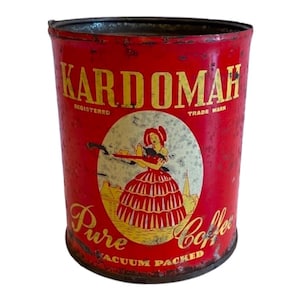 Kardomah Pure Coffee Tin Can - Vacuum packed, half pound, Liverpool, England, 1844, stoneware jug, boil, scald, let stand, strain, vintage
