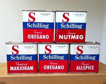Lot of 5 Vintage Schilling Spice Tins - allspice, oregano x2, marjoram, nutmeg, McCormick & co., list of uses, red, white, and blue