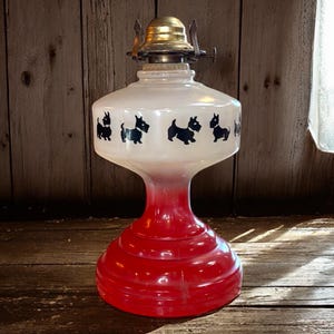 1940s Scottie Red Base Scottish Terrier Dog Pattern 11 in. Oil Lamp - dog lover lamp, black dogs surrounding lamp, classic