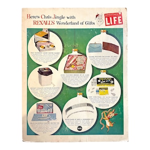May include: A vintage advertisement for Rexall's Wonderland of Gifts, featuring a variety of products including electric blankets, a humidifier, a heating pad, a purse, light bulbs, and a watch band. The advertisement is from a 1950s issue of Life magazine.